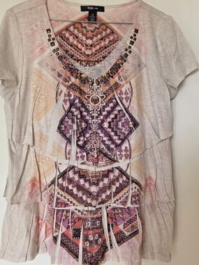 Style & Co. Layered Short Sleeve Tunic with Pink and Purple Geometric Print